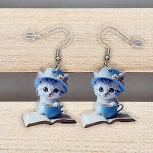 Gray Cat in Blue Teacup Sitting on Book Acrylic Earrings